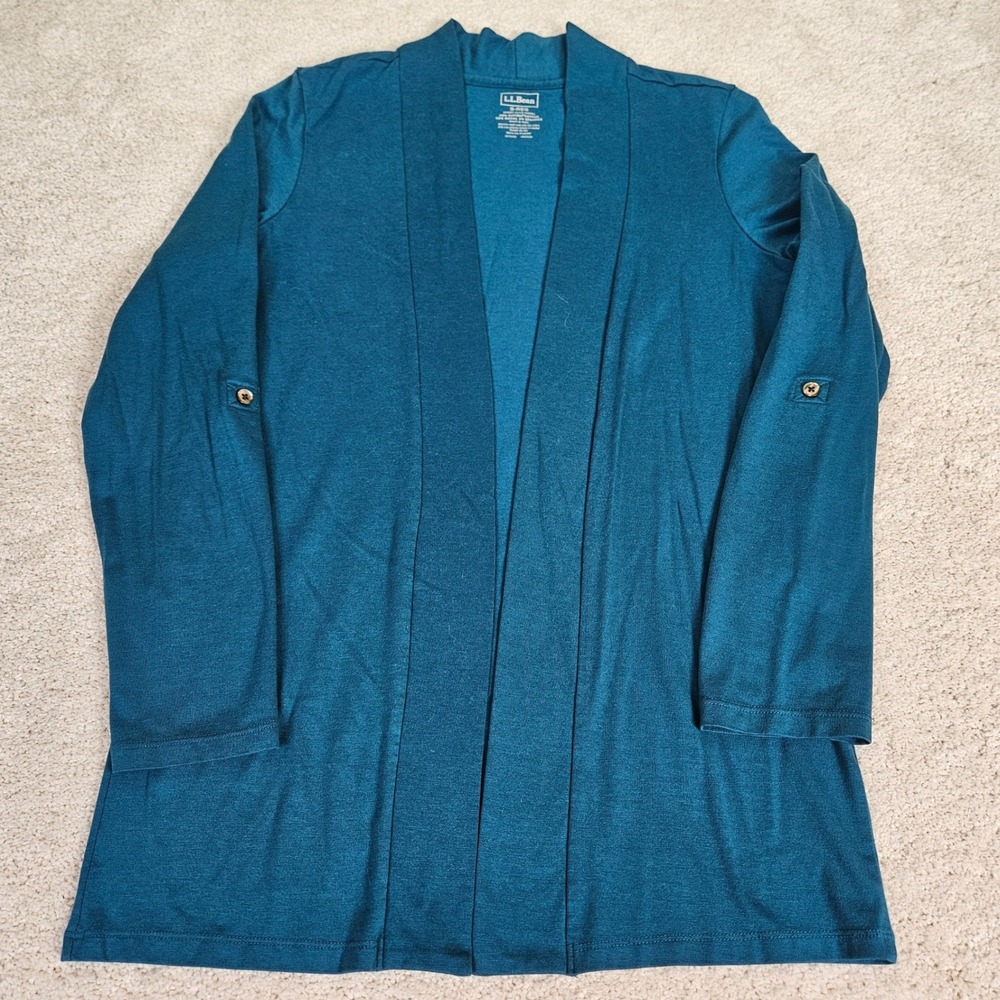 LL Bean Teal Supima Cotton Modal‎ Open Front Roll Tab Cardigan Small Athleisure